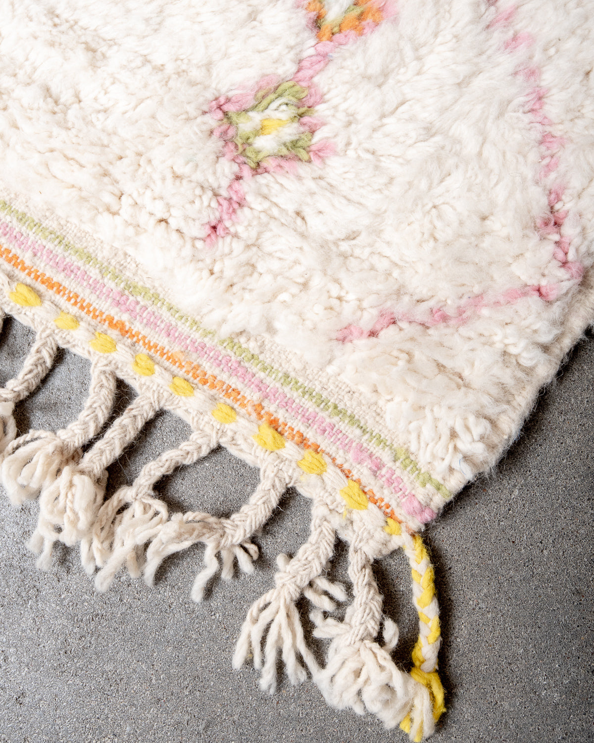 Modern, designer, handcrafted Berber rug from Morocco. Beniourain carpet with beautiful colours and patterns and fluffy wool texture.